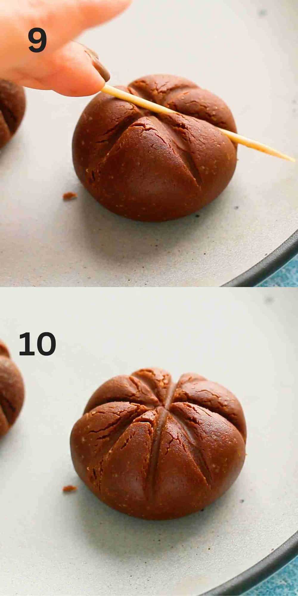 2 photo collage of a hand using a toothpick to make indentations in a ball of chocolate dough. 