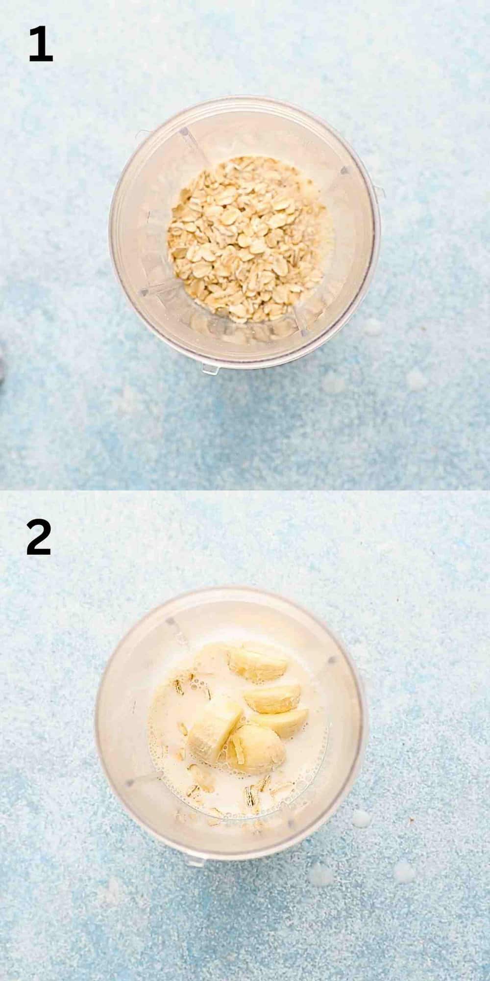 2 photo collage of oats, banana and milk in a blender.