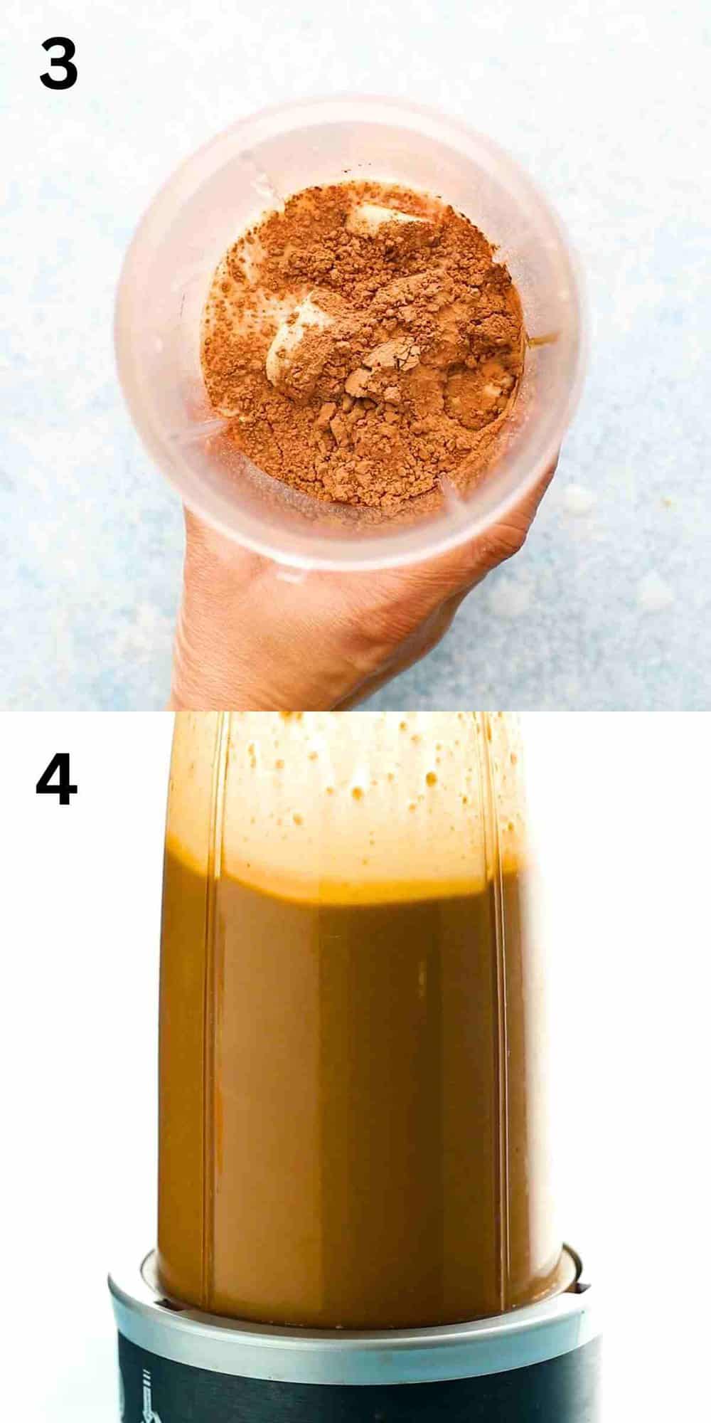 2 photo collage of blending a chocolate smoothie.