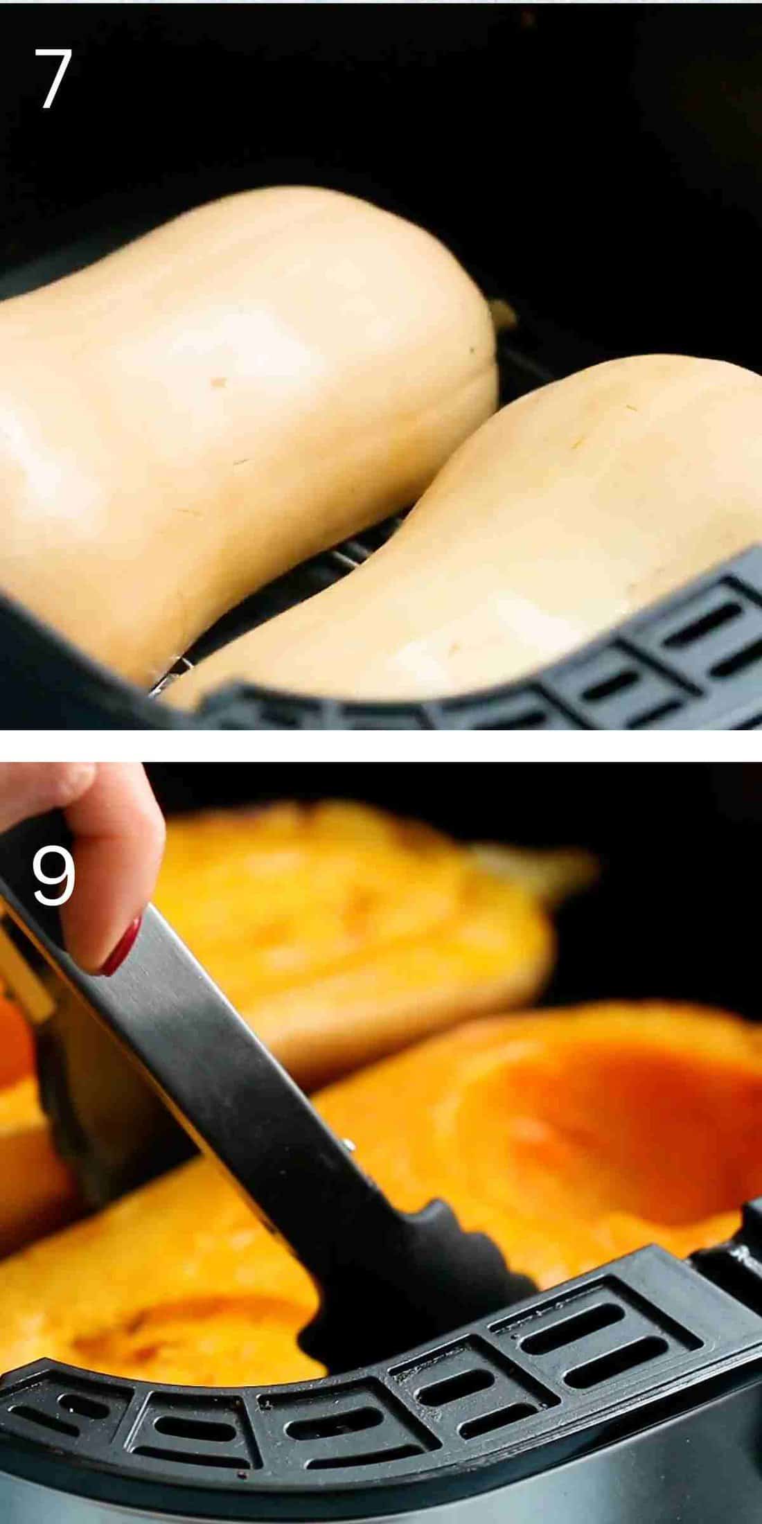 2 photo collage of cooking butternut squash halves in an air fryer.