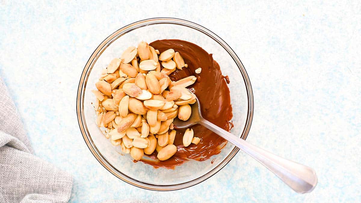 roasted peanuts along with melted chocolate in a glass bowl with a spoon.