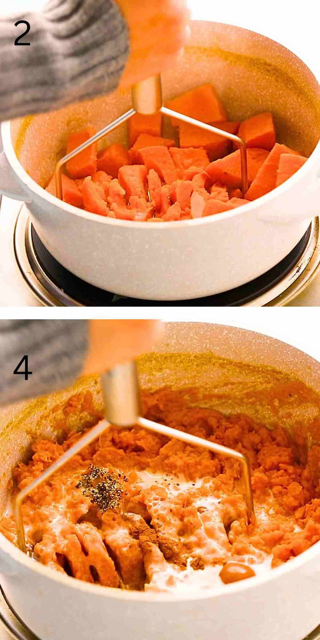 2 photo collage of cooking mashed sweet potatoes in a white pot.