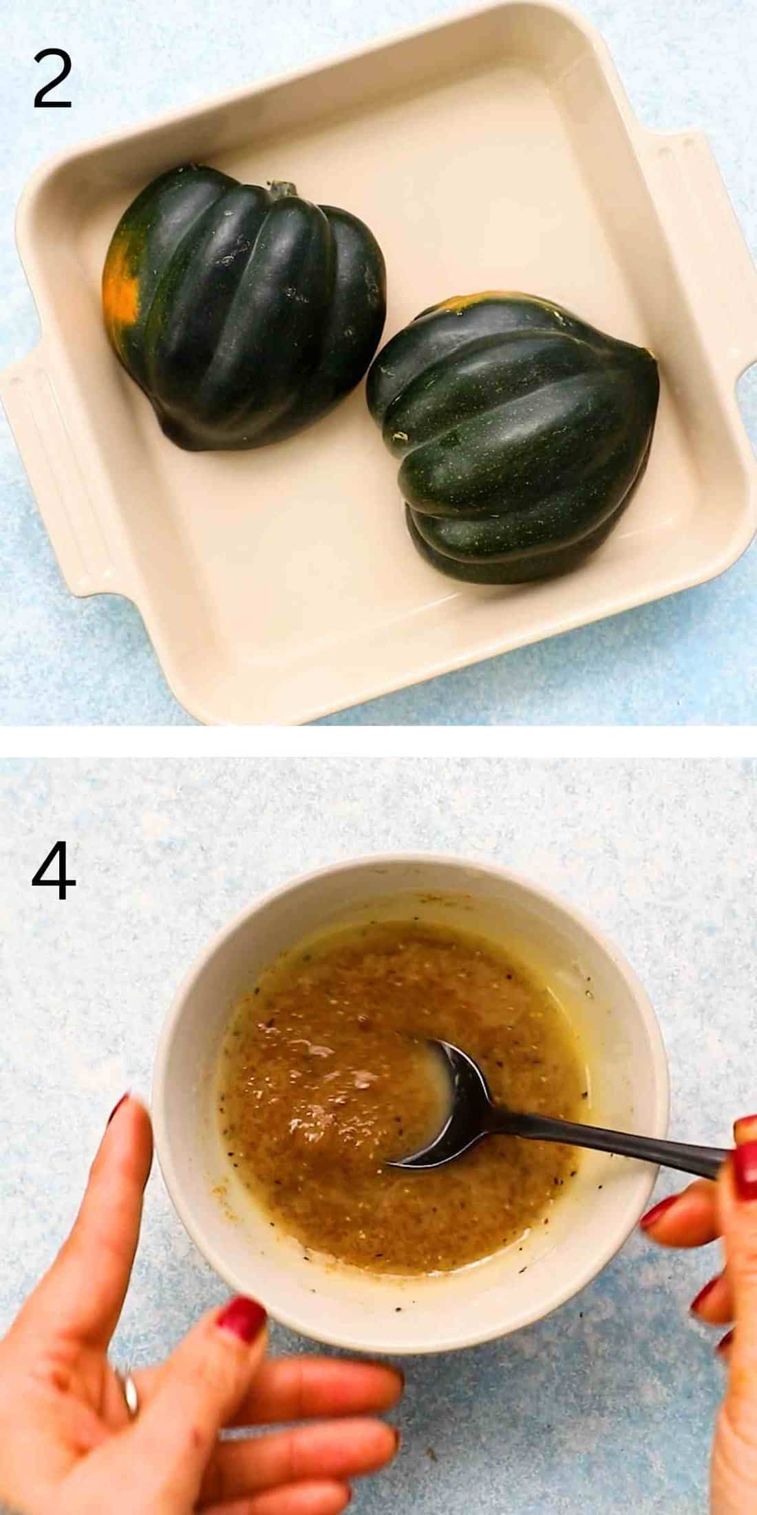 2 photo collage of preparing an acorn squash and filling. 