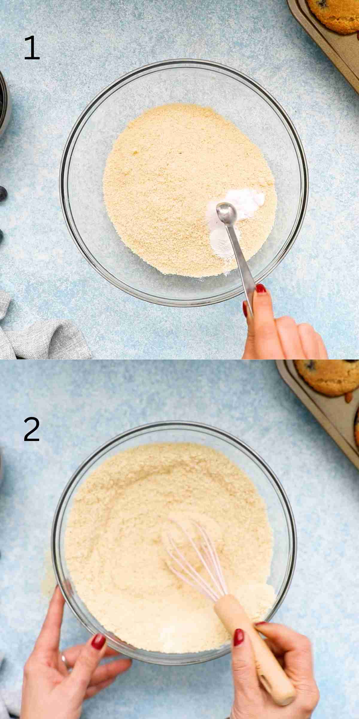 2 photo collage of mixing dry ingredients in a glass bowl. 