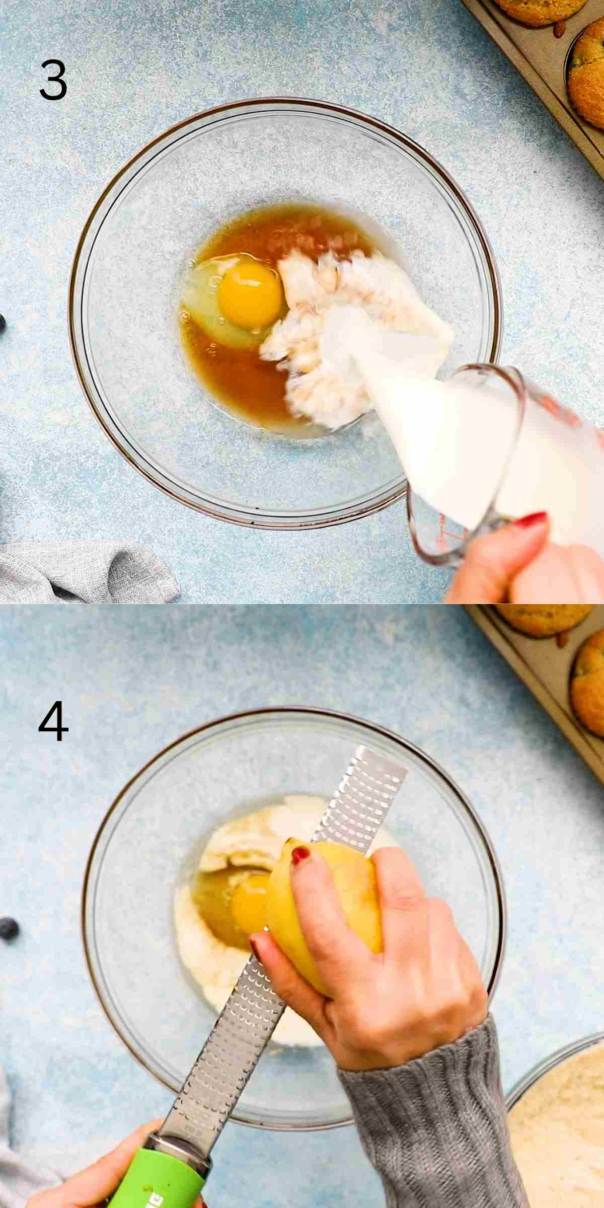 2 photo collage of pouring milk and grating lemon zest into a glass bowl.