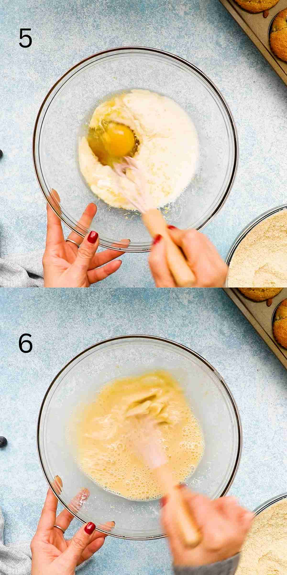 2 photo collage of mixing wet ingredients in a glass bowl. 