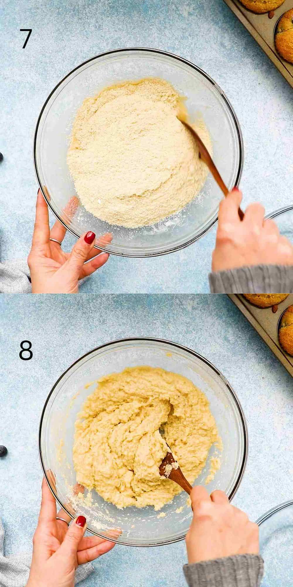 2 photo collage of mixing muffin batter in a glass bowl. 