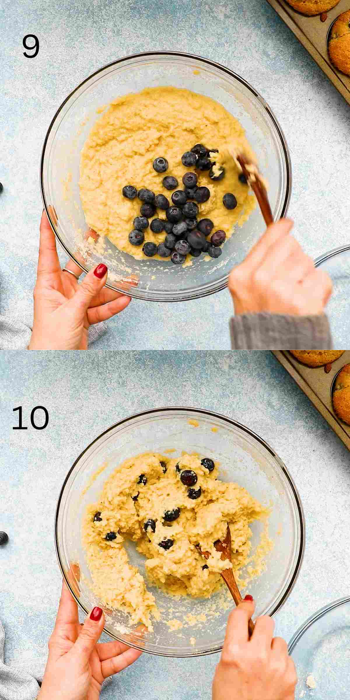 2 photo collage of stirring blueberries into muffin batter in a glass bowl.