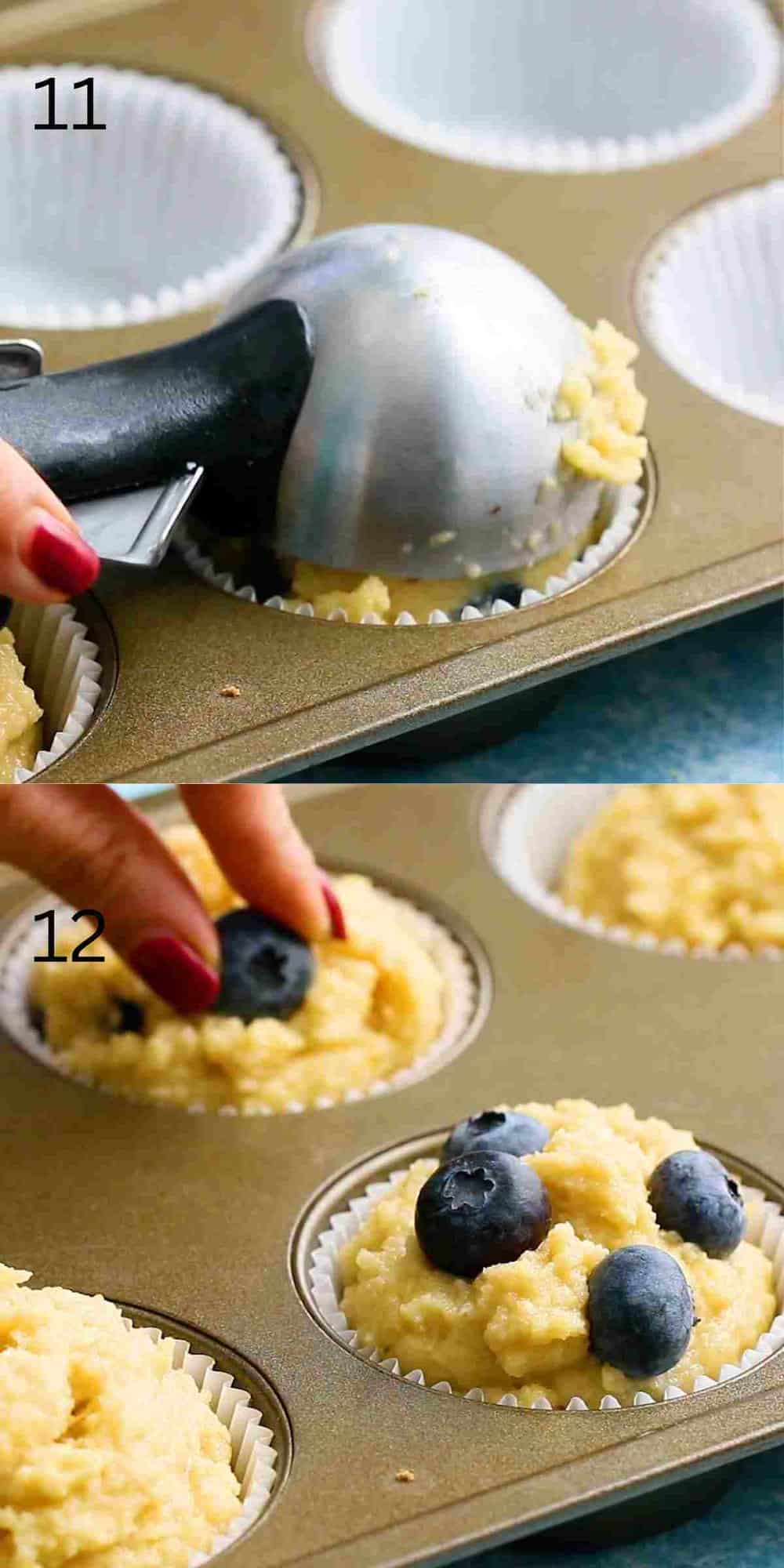 2 photo collage of adding blueberry muffin batter into a muffin pan. 