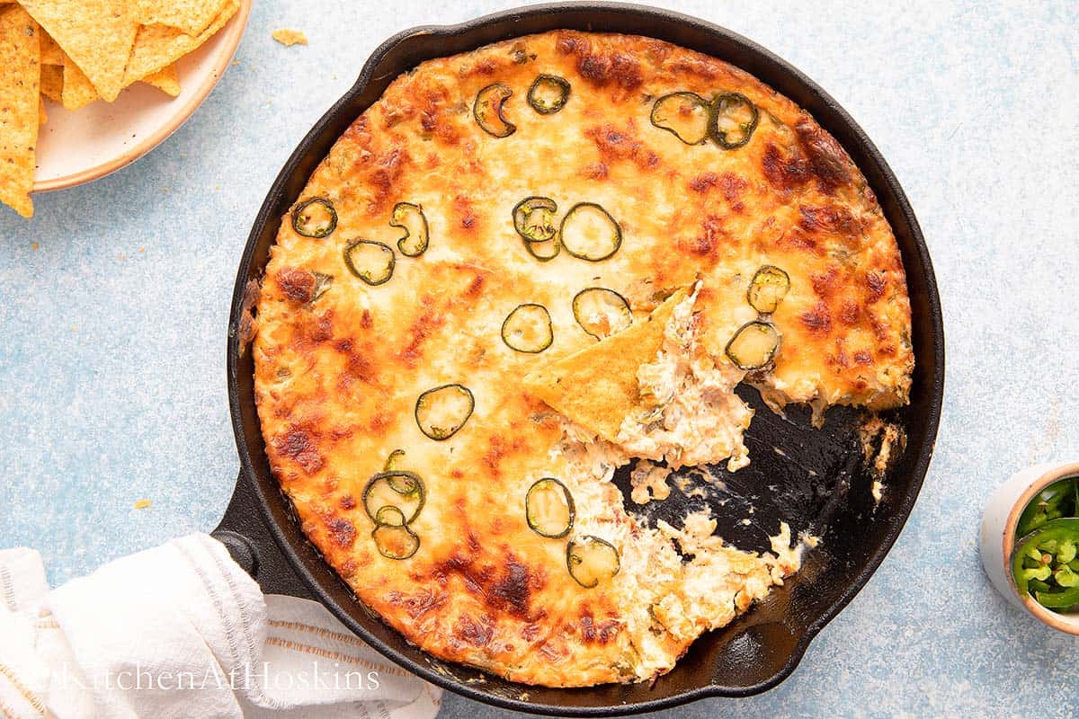 cast ion skillet with cream cheese jalapeno dip.