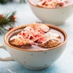 cup with hot chocolate topped with whipped cream & candy canes.