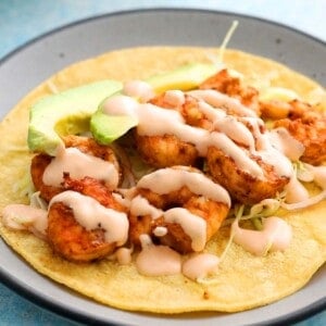 one shrimp taco in a grey plate.