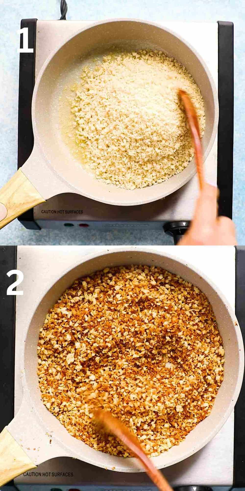 2 photo collage of cooking panko breadcrumbs in a white skillet.