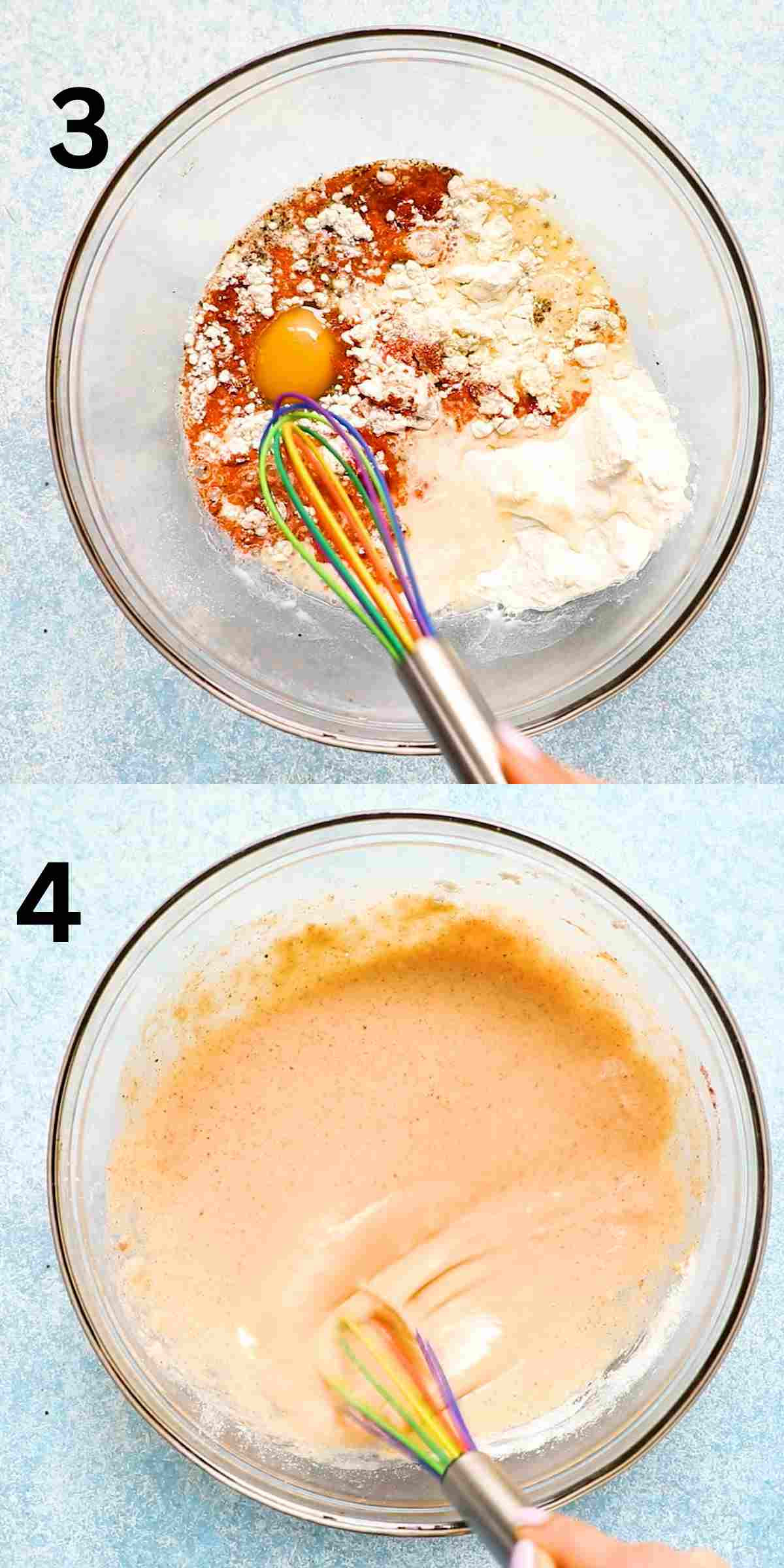 2 photo collage of mixing pink batter in a glass bowl with a whisk.