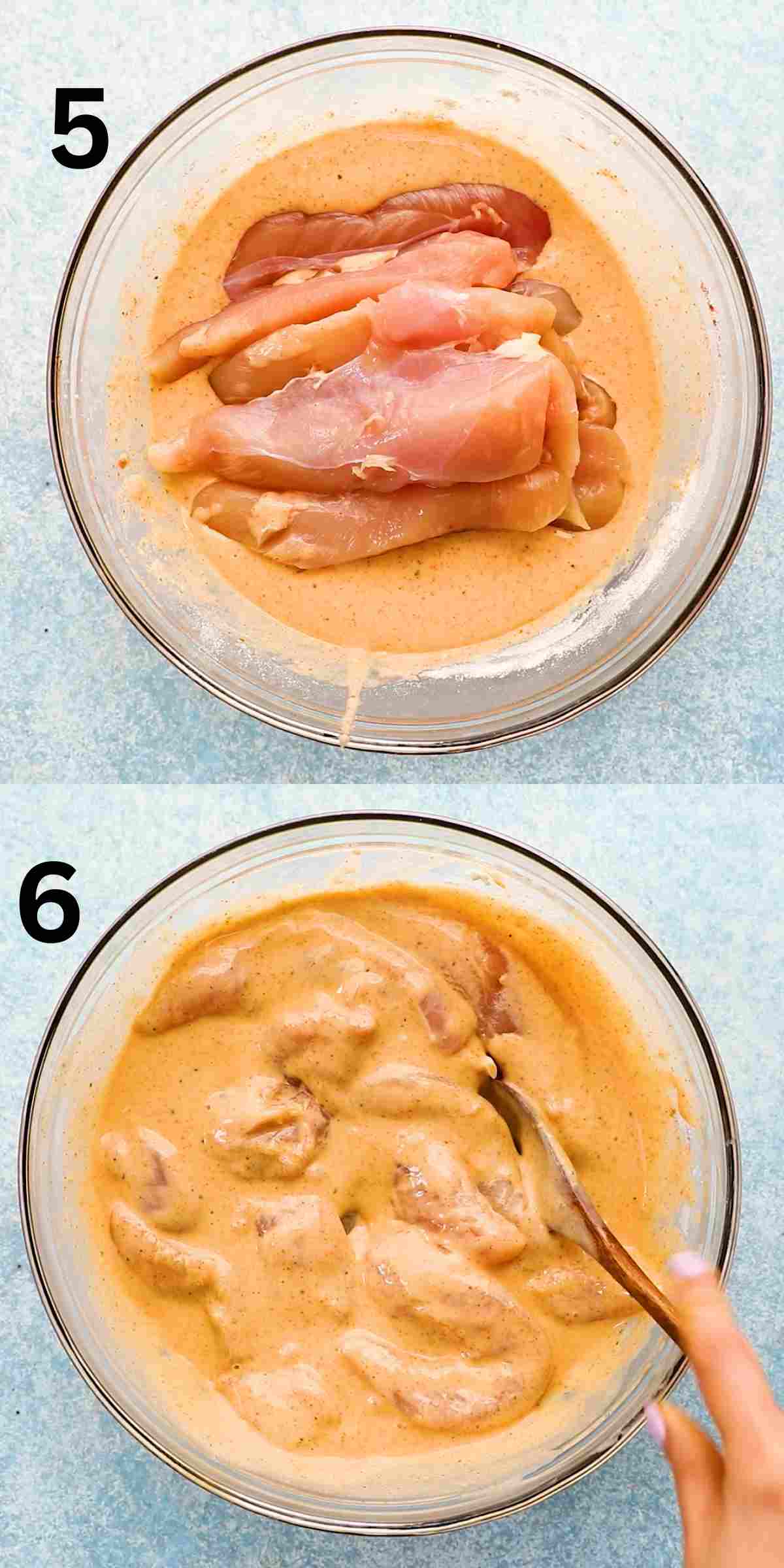 2 photo collage of mixing raw chicken tenders with batter, in a glass bowl.