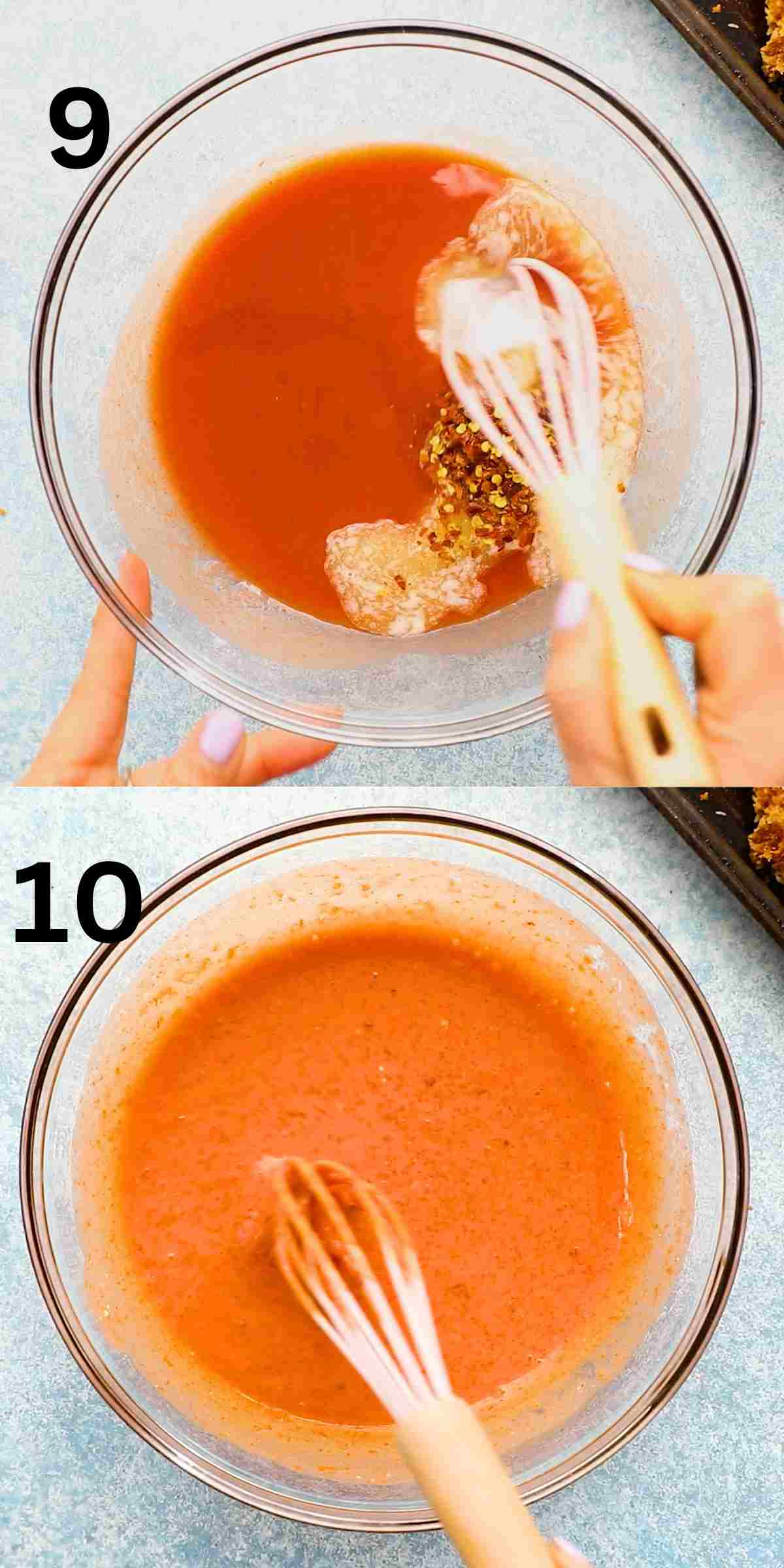 2 photo collage of whisking red sauce in a glass bowl with pink whisk.