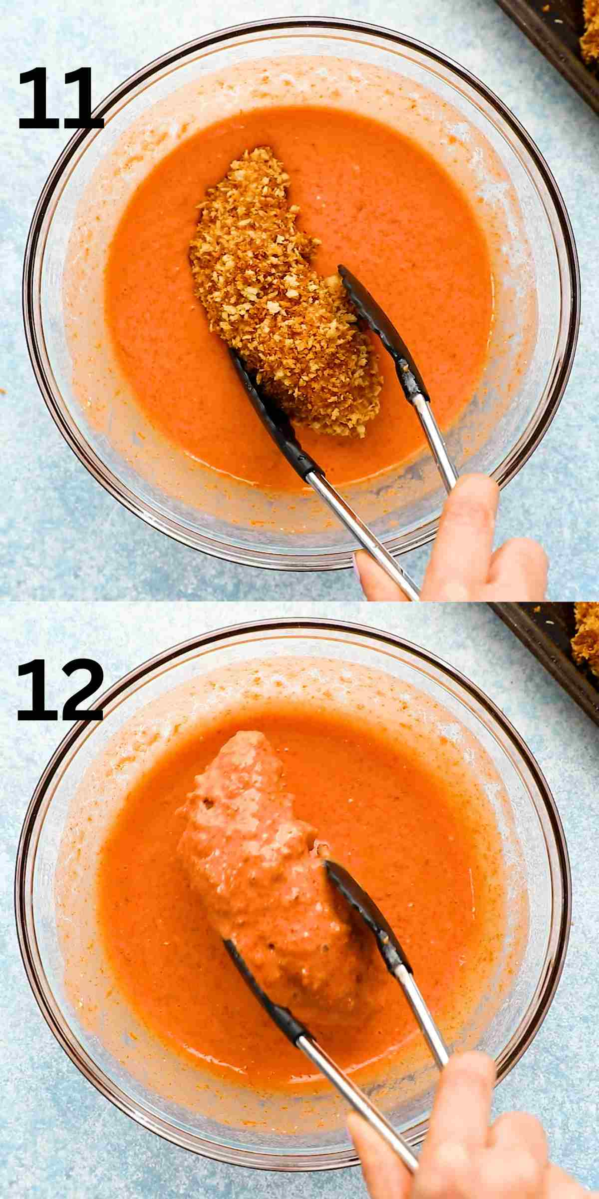 2 photo collage of coating breaded chicken tender in orange sauce in a glass bowl with a black tongs.