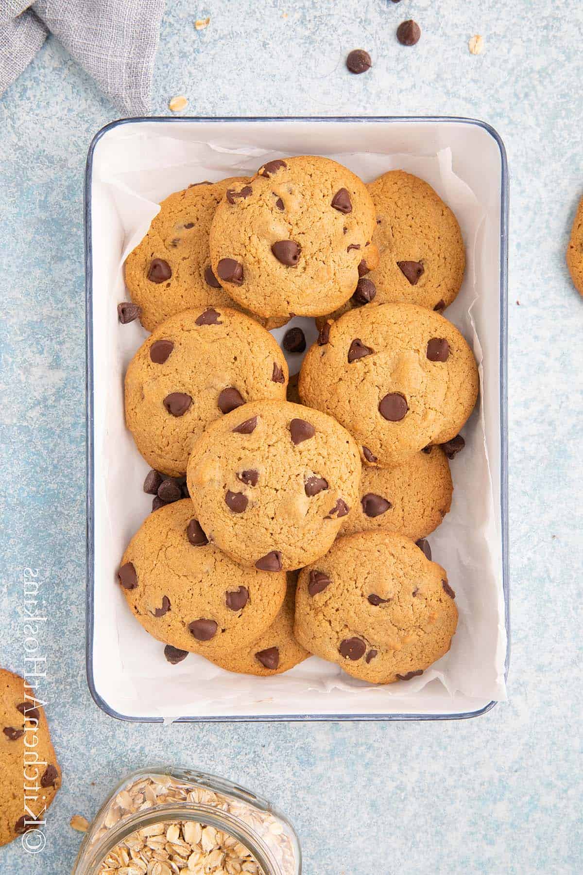 white tray with oat flour chocolate chip cookies. 