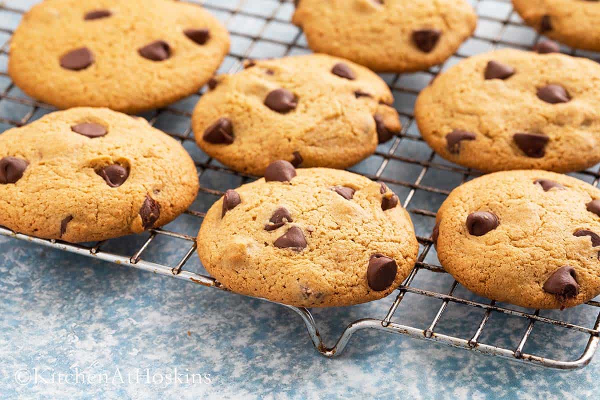 chocolate chip cookies on a wire rack.