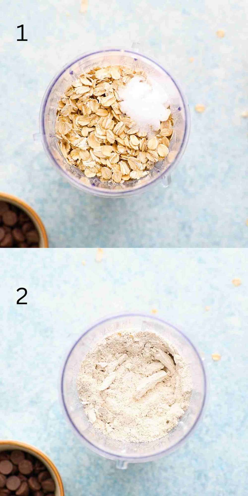 2 photo collage of a transparent blender jar with oats and oat flour.