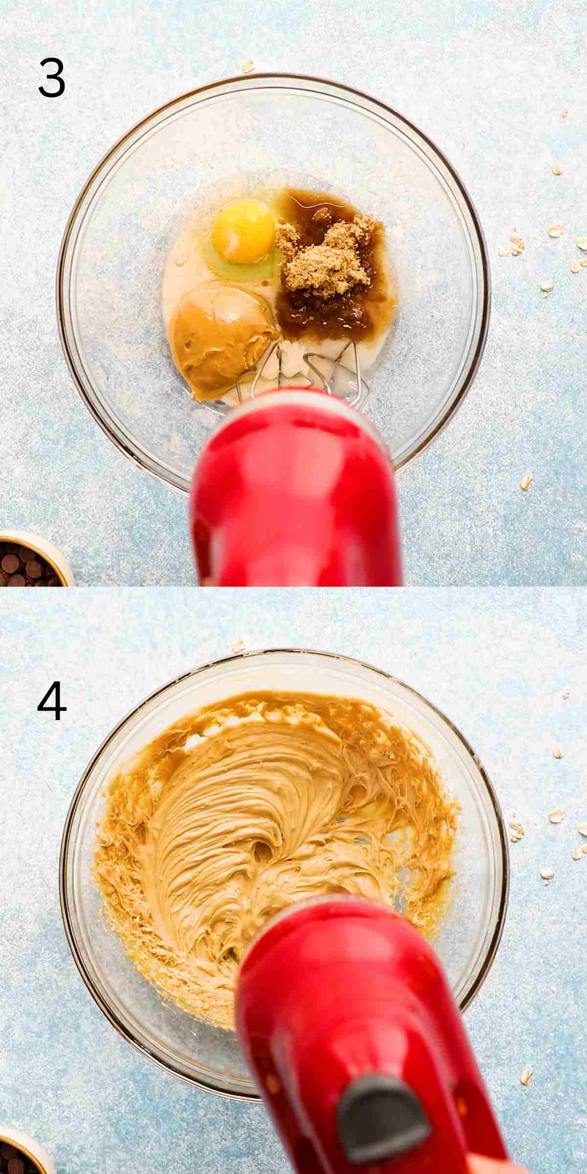 2 photo collage of a red beater creaming wet ingredients in a glass bowl.