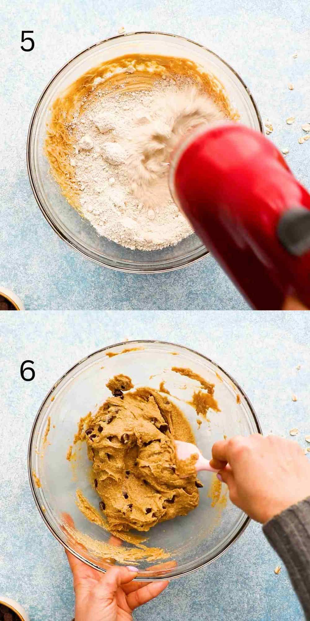 2 photo collage of beating cookie dough in a glass bowl.