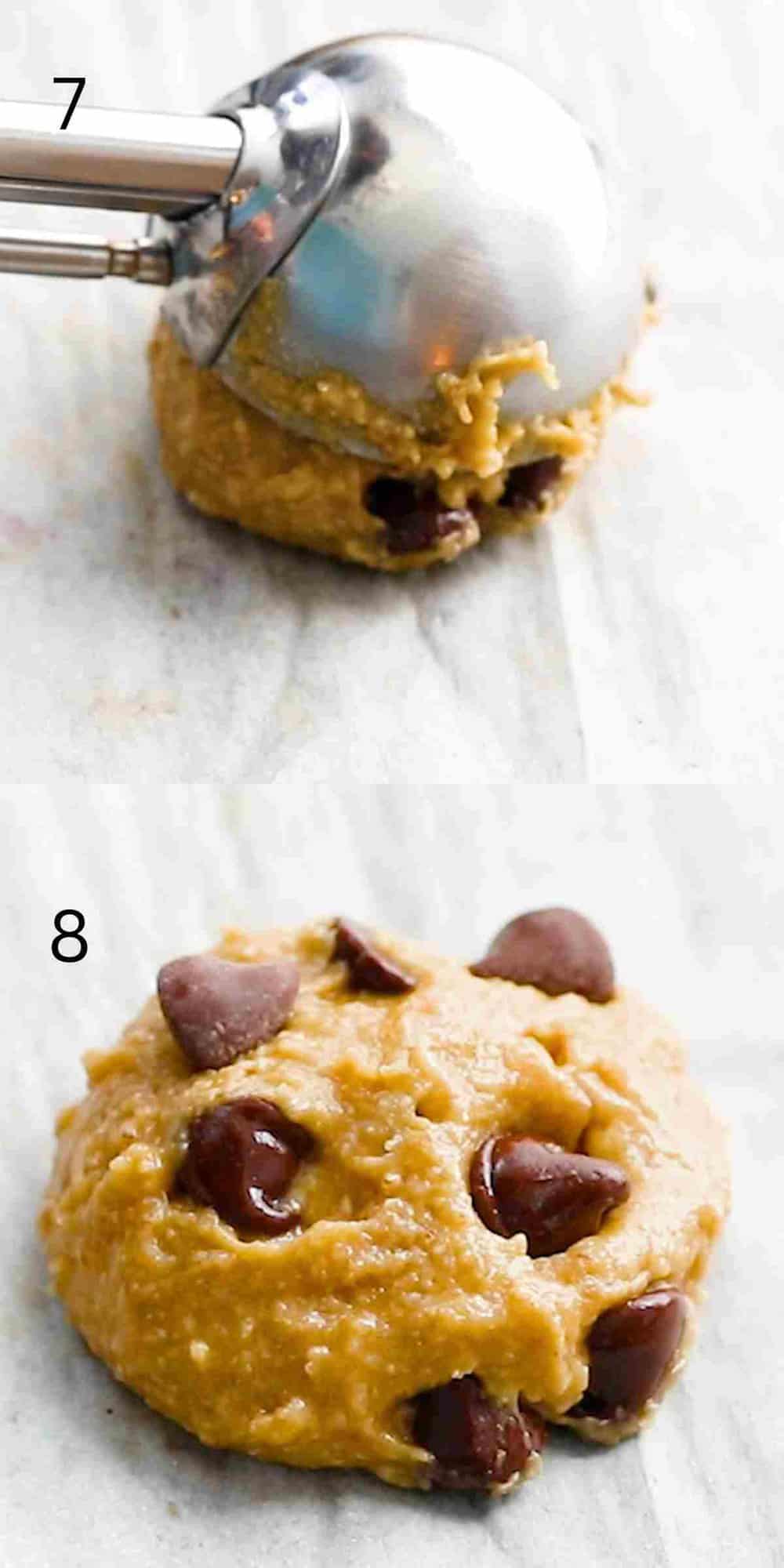 2 photo collage of scooping cookie dough onto a parchment paper.