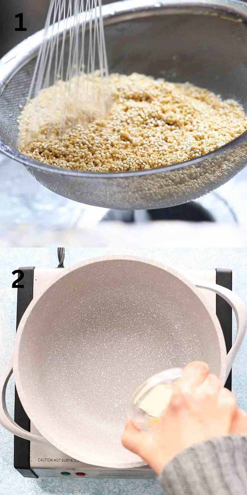 2 photo collage of rinsing quinoa and adding butter into a pan.