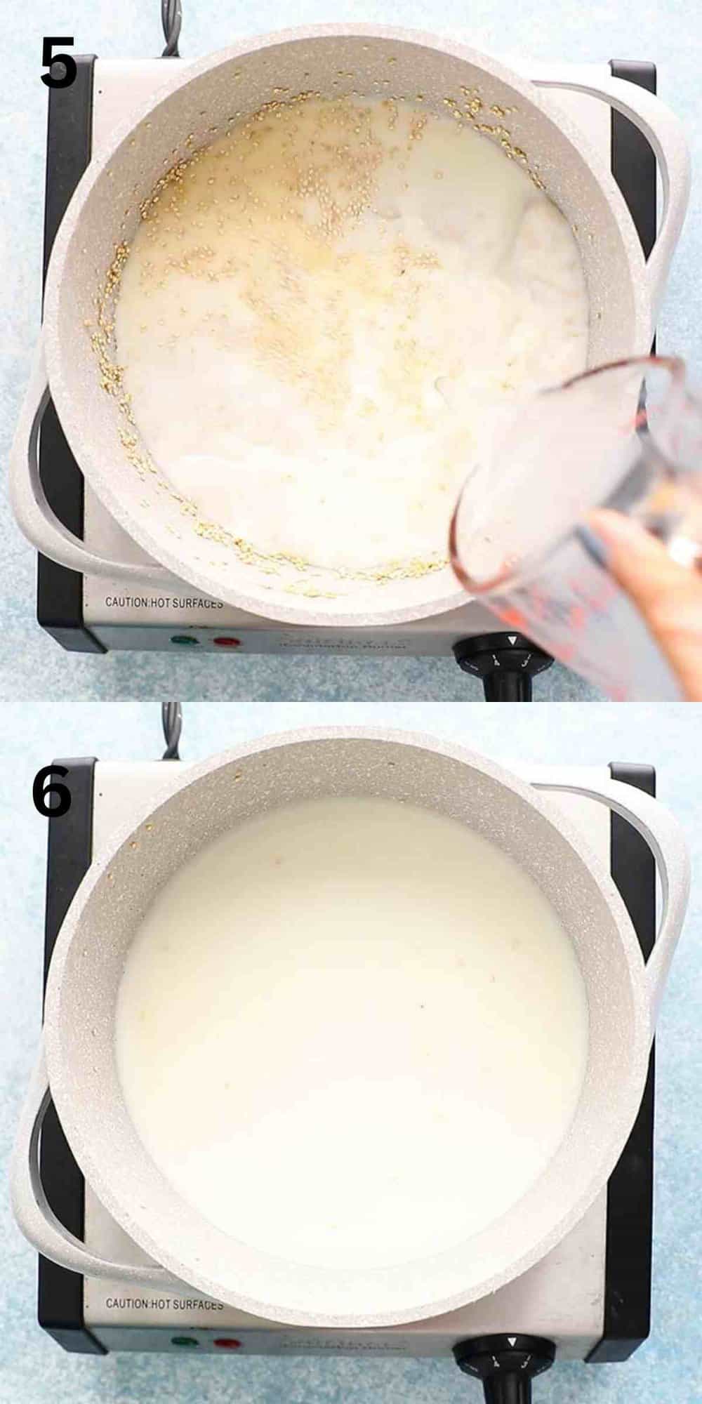 2 photo collage of cooking quinoa in a white saucepan. 
