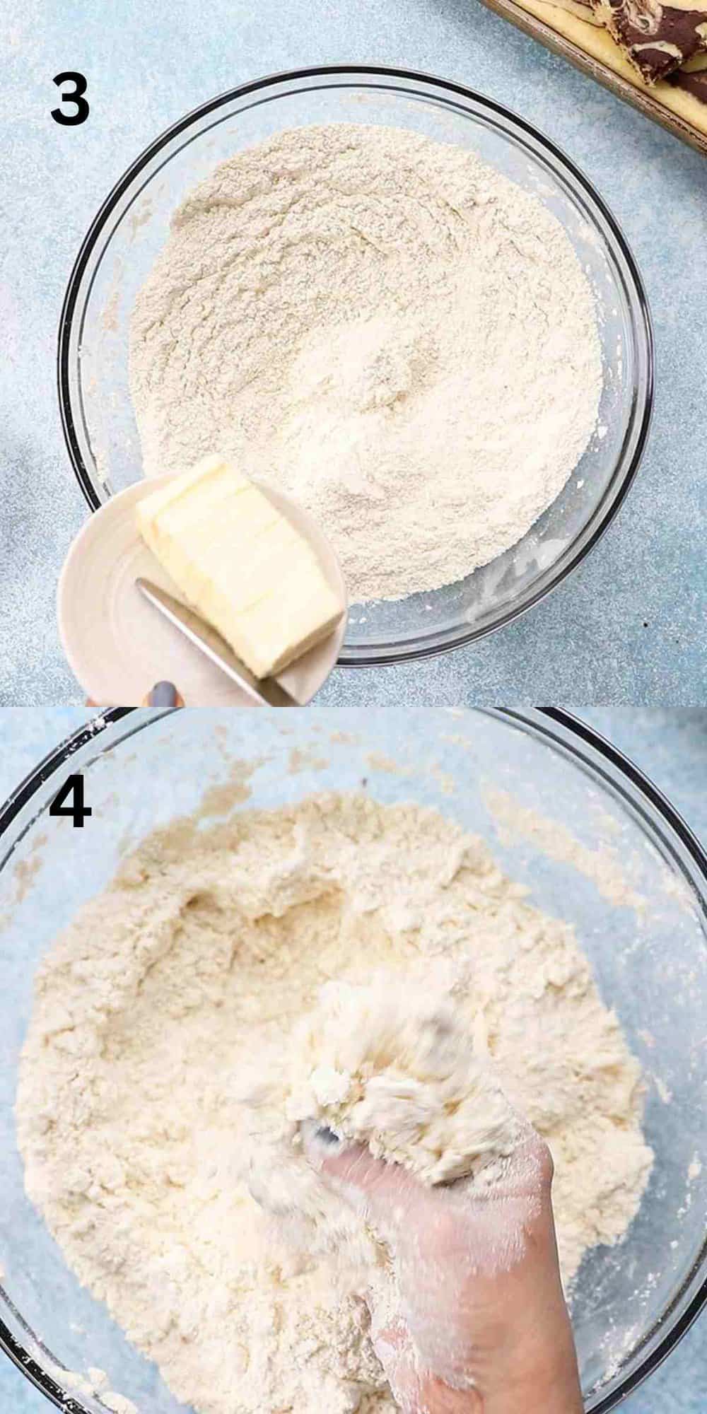 2 photo collage of rubbing butter into flour using hand.