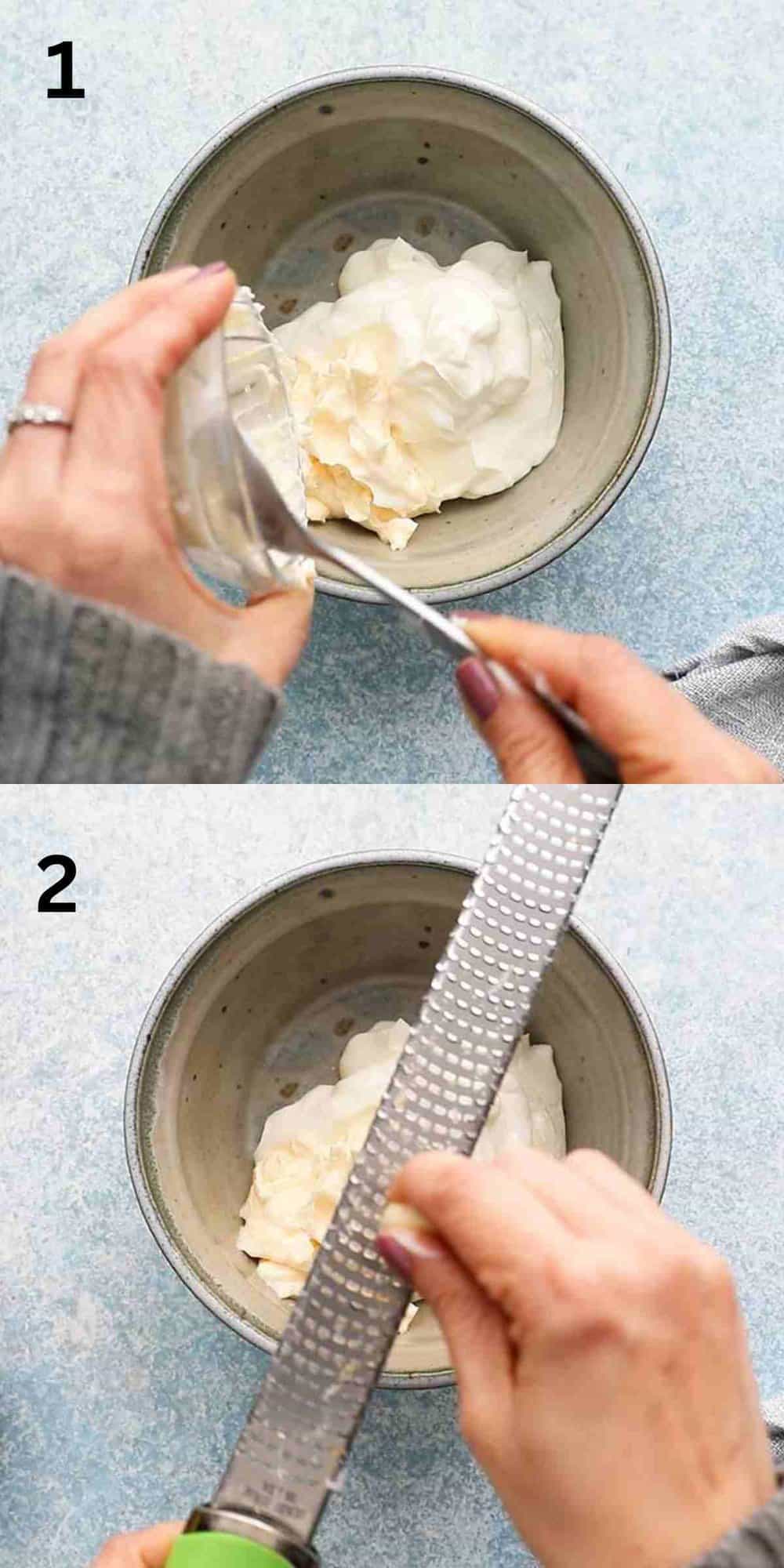 2 photo collage of grating garlic and adding yogurt into a blue bowl.