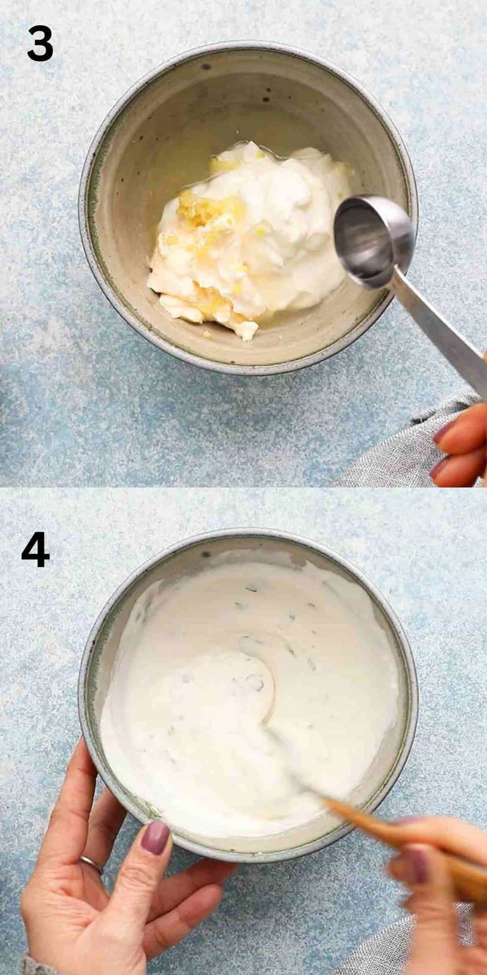 2 photo collage of adding and mixing white yogurt sauce.