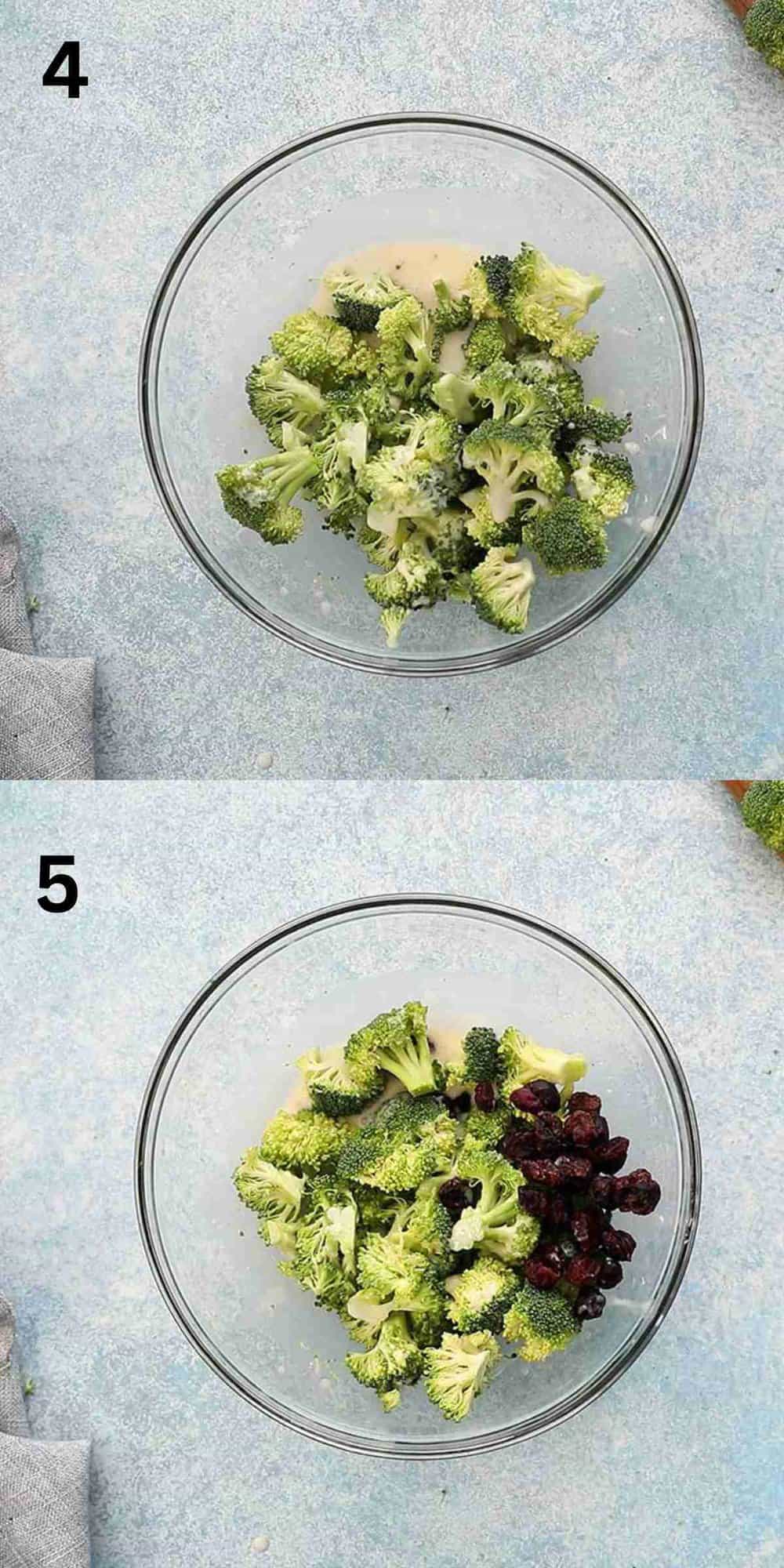 2 photo collage of a glass bowl with broccoli florets and dried cranberries.