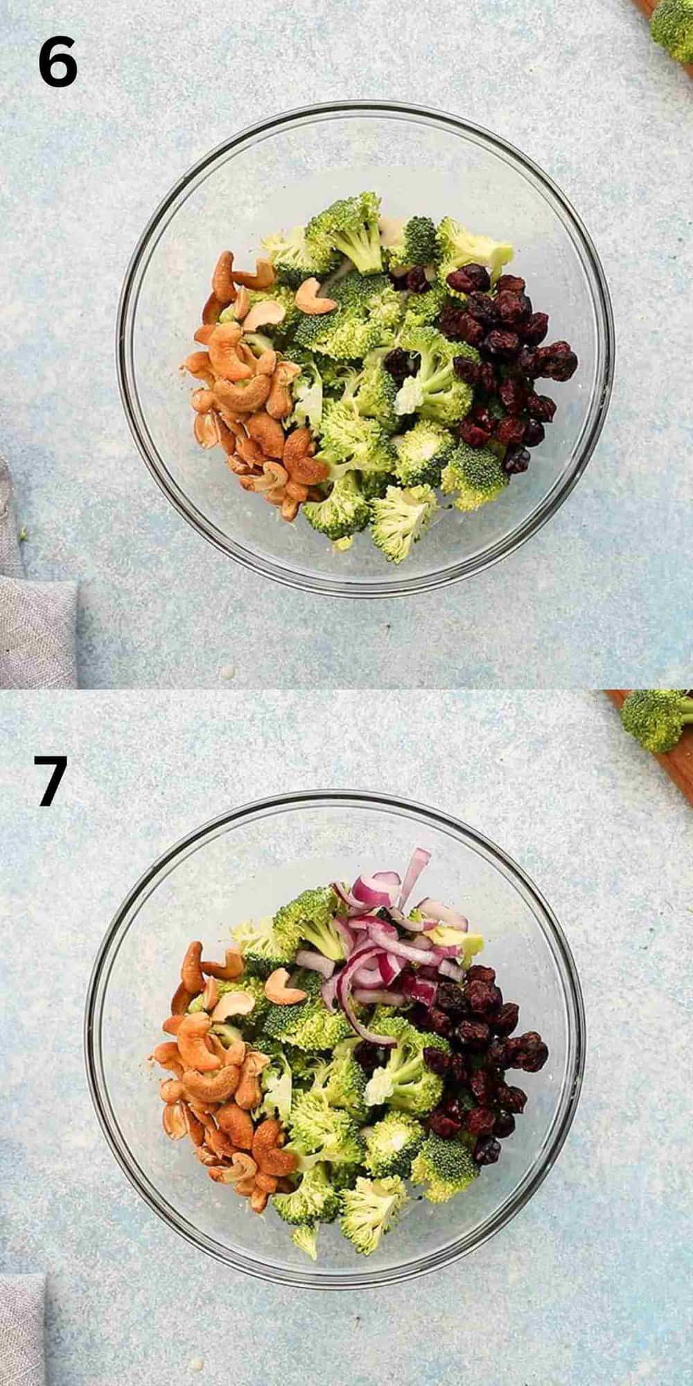 2 photo collage of a glass bowl with broccoli florets, roasted cashews, red onion and dried cranberries.