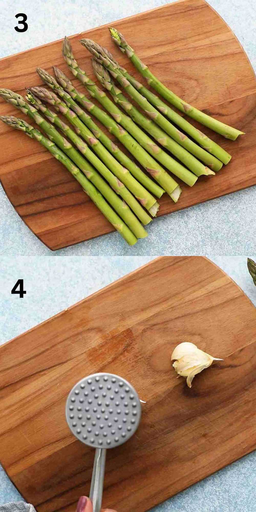 2 photo collage of asparagus and garlic on a wooden board.