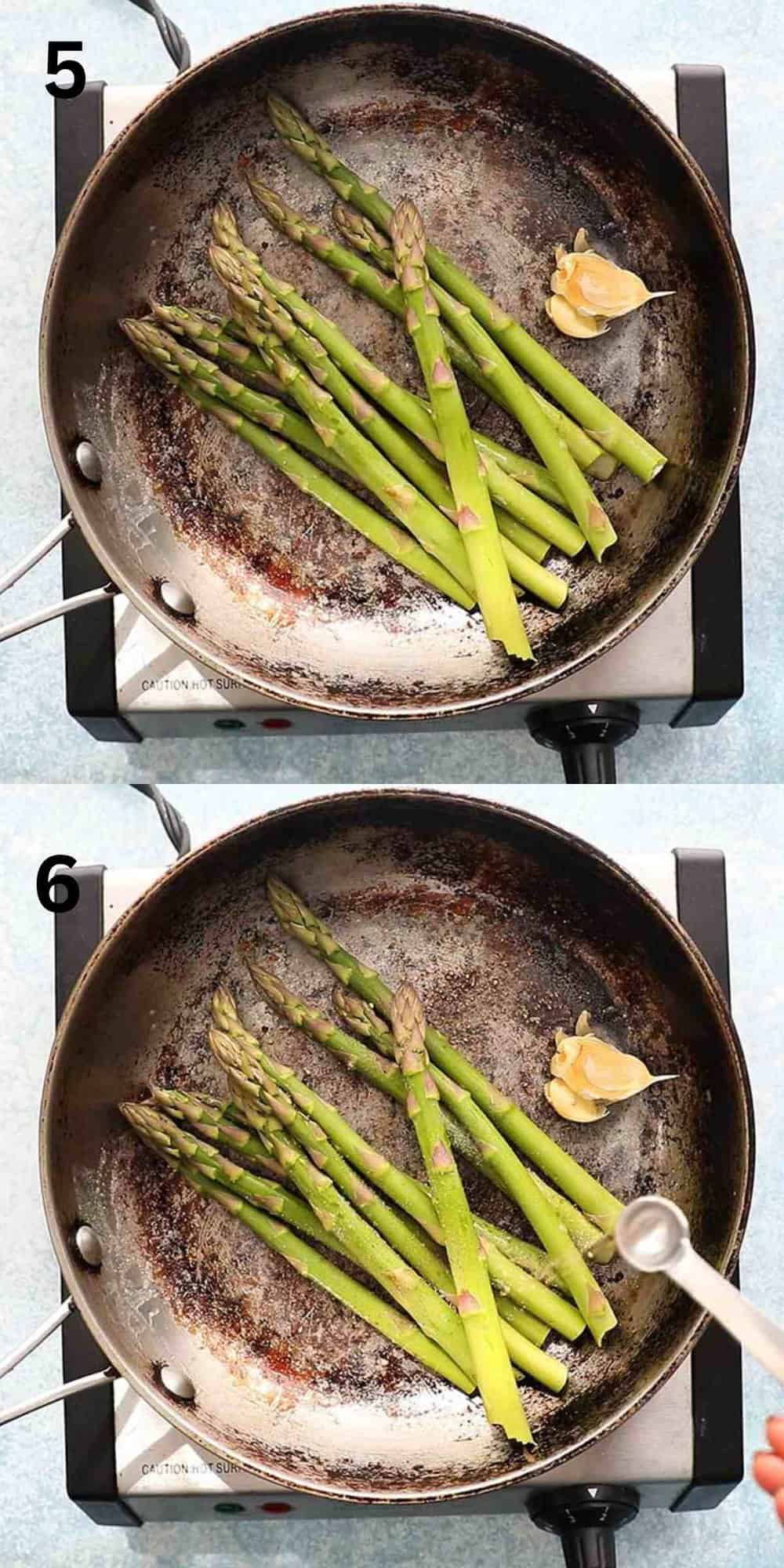 2 photo collage of cooking asparagus in a stainless steel skillet.