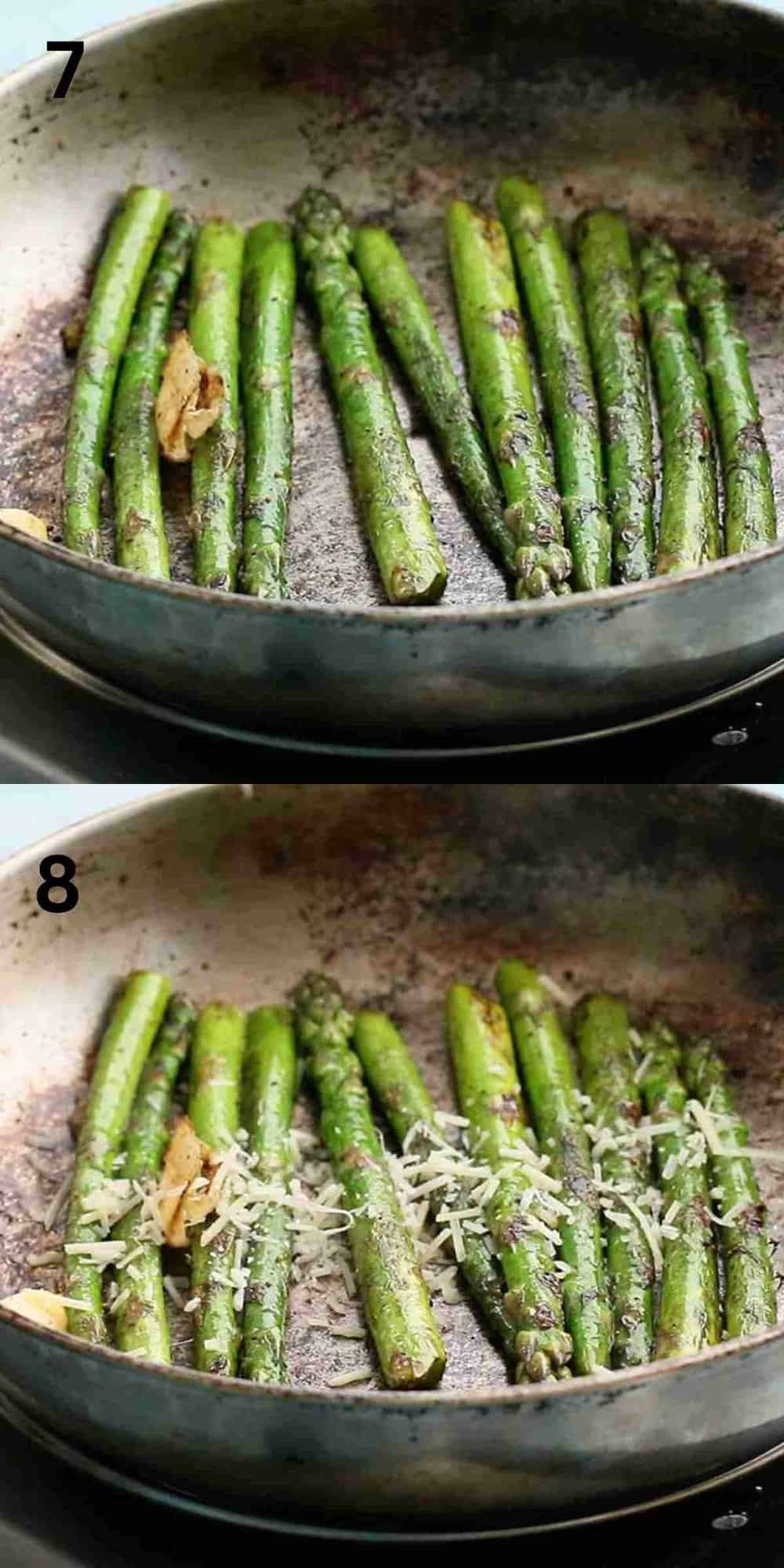 2 photo collage of cooking asparagus in a stainless steel skillet.