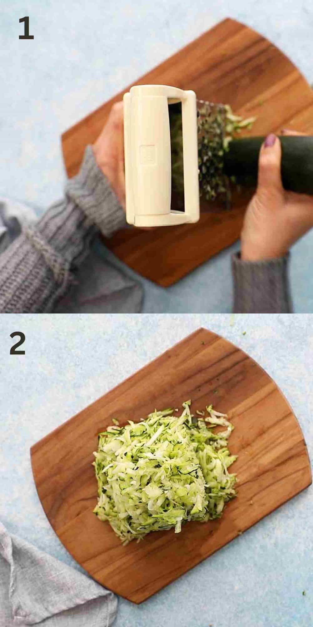 2 photo collage of grating one zucchini using a box grater.