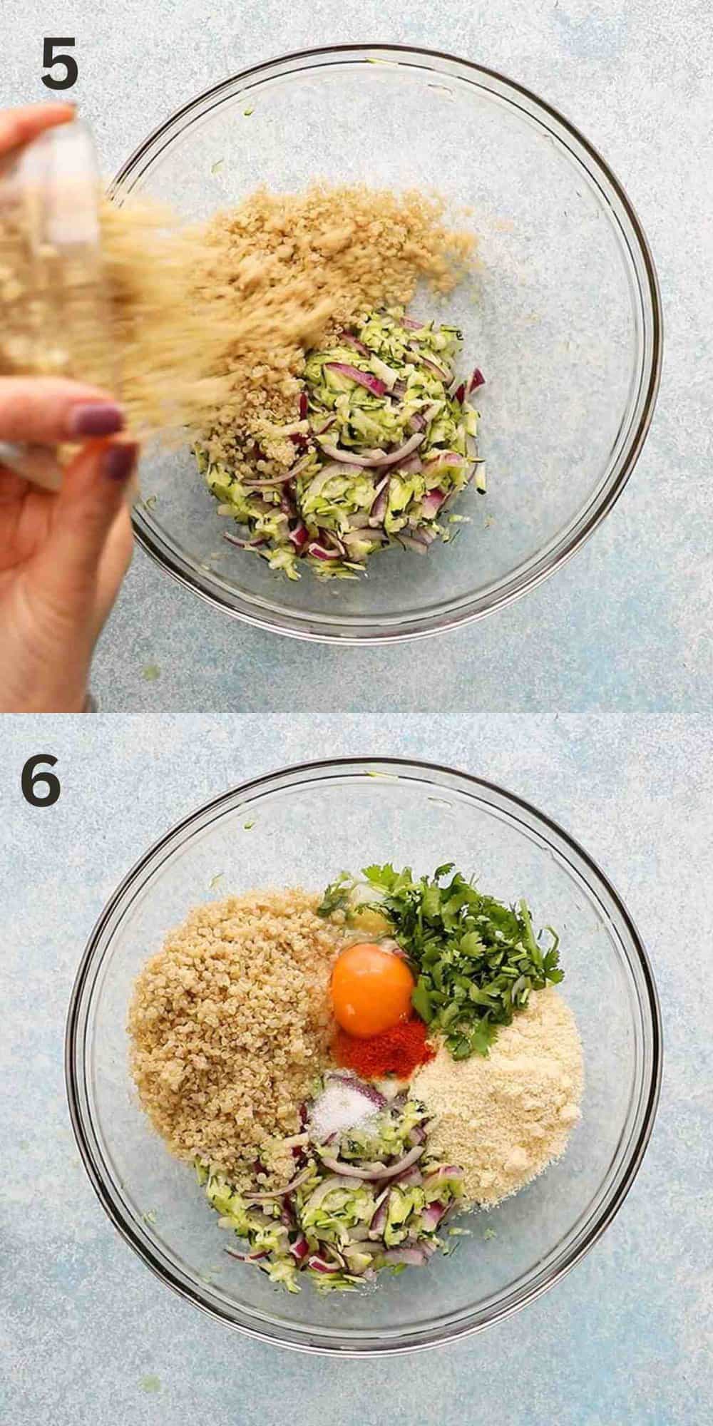 2 photo collage of adding ingredients into a large glass bowl.