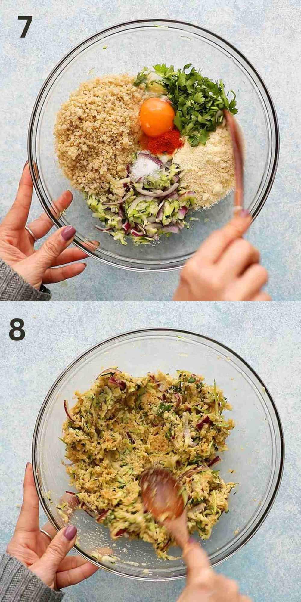 2 photo collage of mixing zucchini with quinoa and seasonings in a glass bowl.