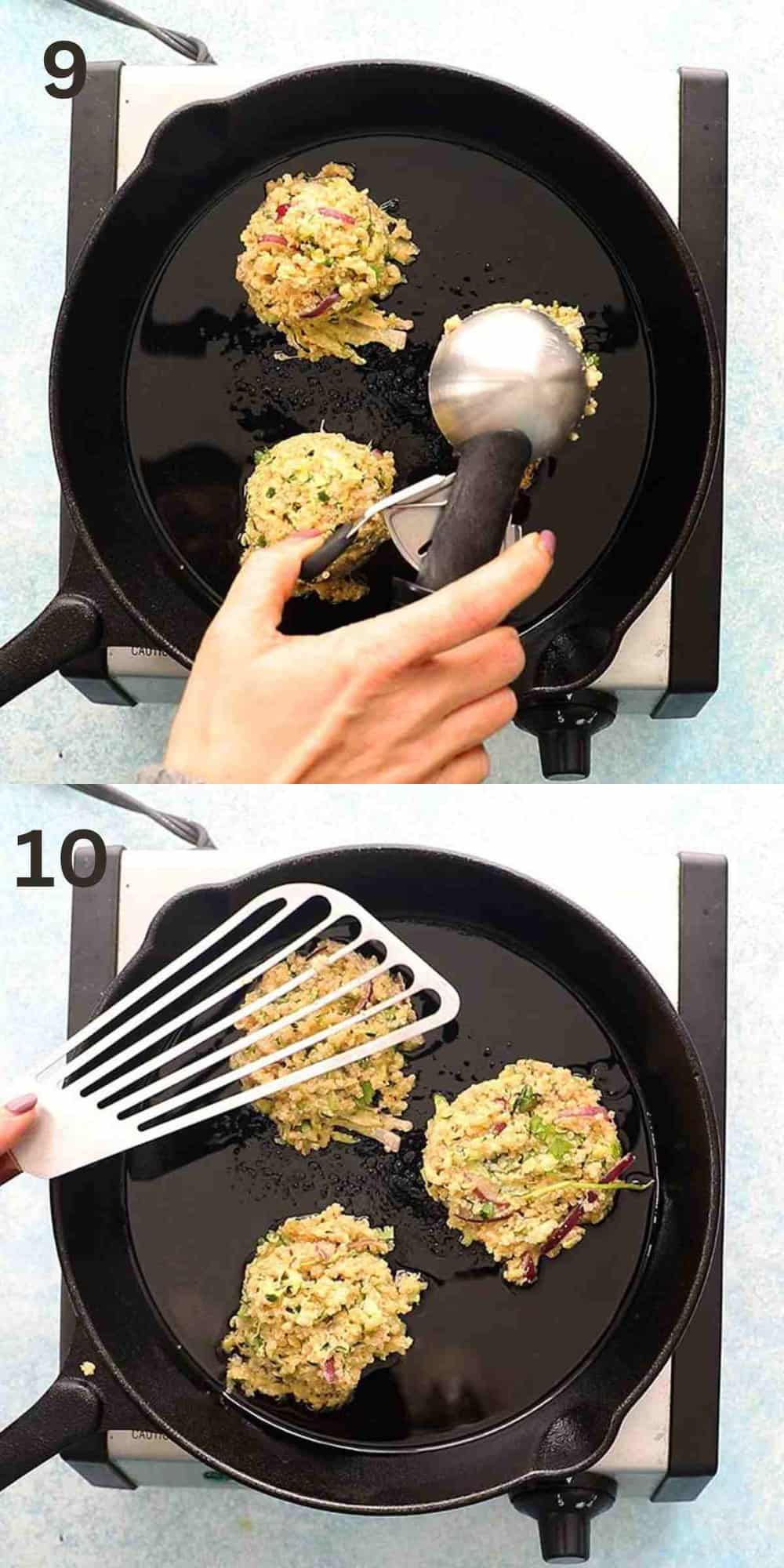 2 photo collage of adding fritter dough into a black skillet using an ice cream scoop.
