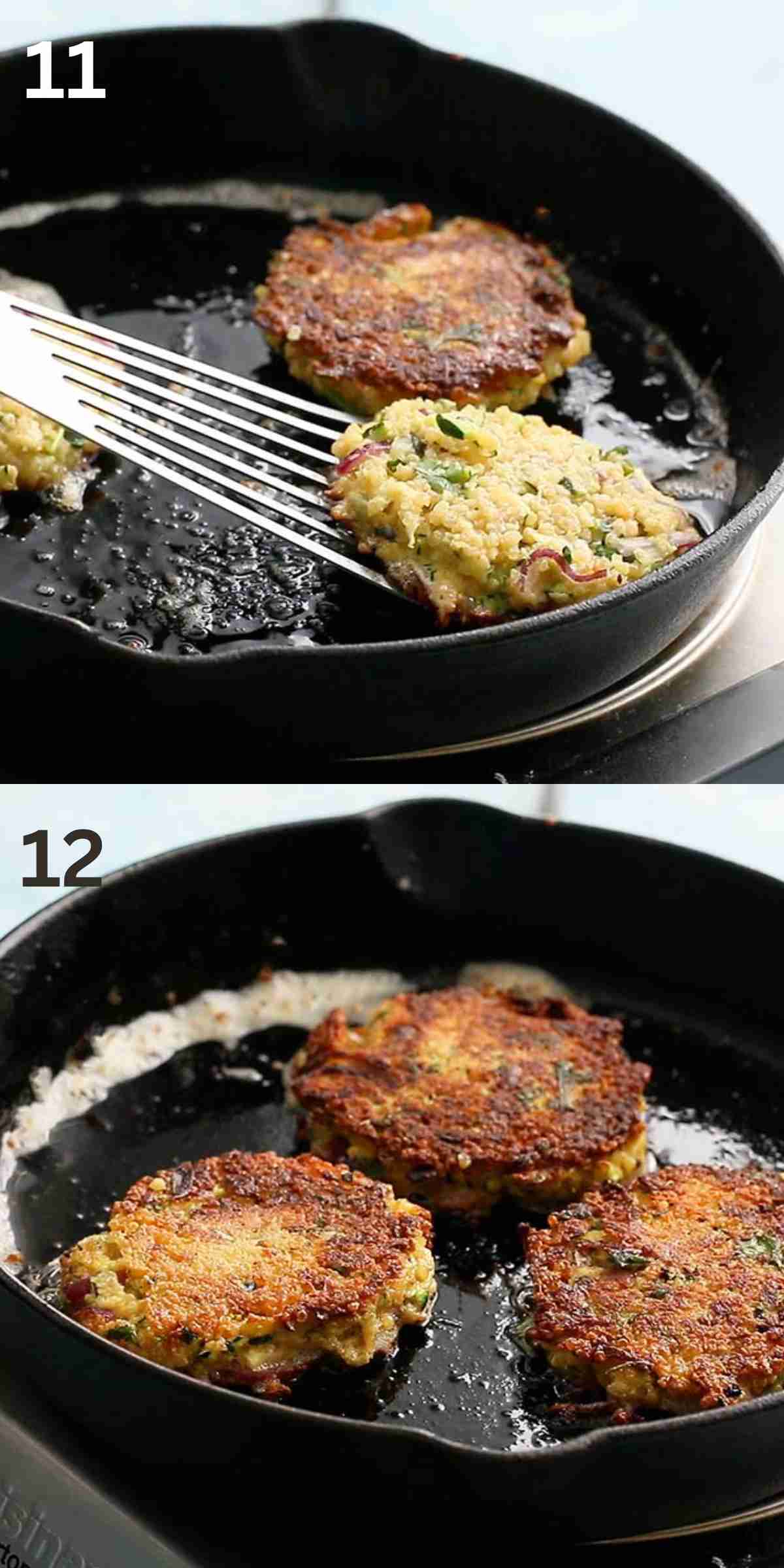 2 photo collage of cooking 3 fritters in a black cast iron skillet.