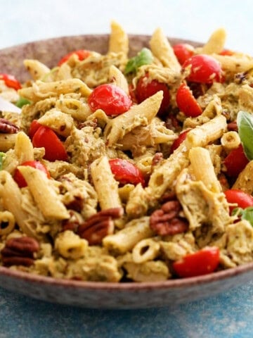 chicken pasta salad in a brown bowl.