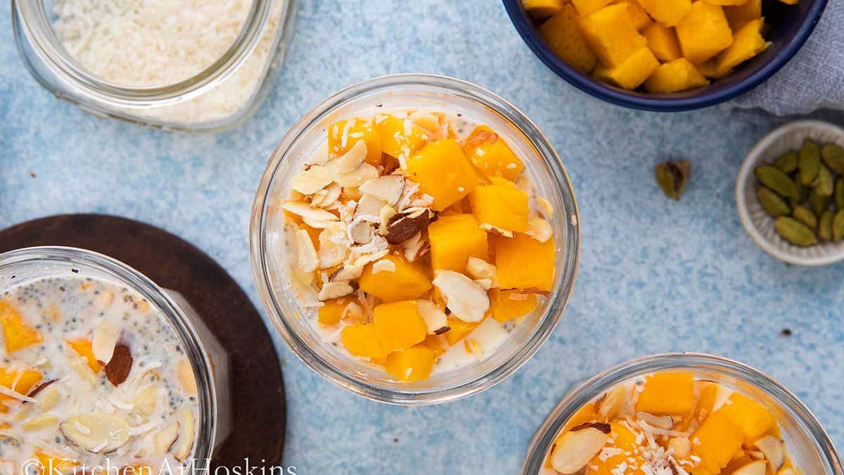 mango overnight oats in a glass jar.