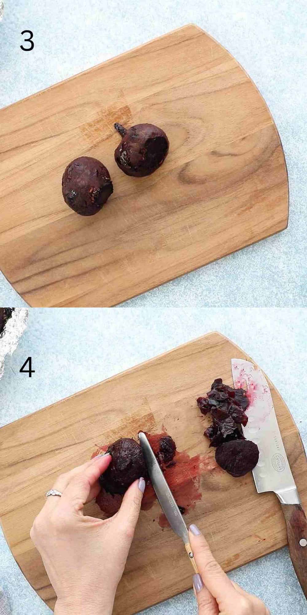 two photo collage of two hands chopping 2 beets on a wooden cutting board.