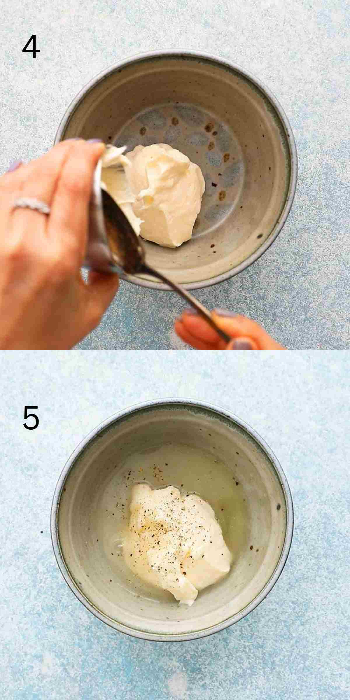 two photo collage of adding mayo into a blue bowl. 