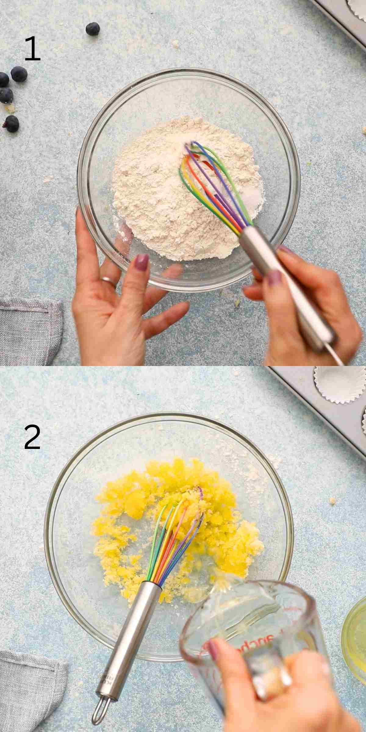 2 photo collage of whisking dry and wet ingredients in a glass bowl.
