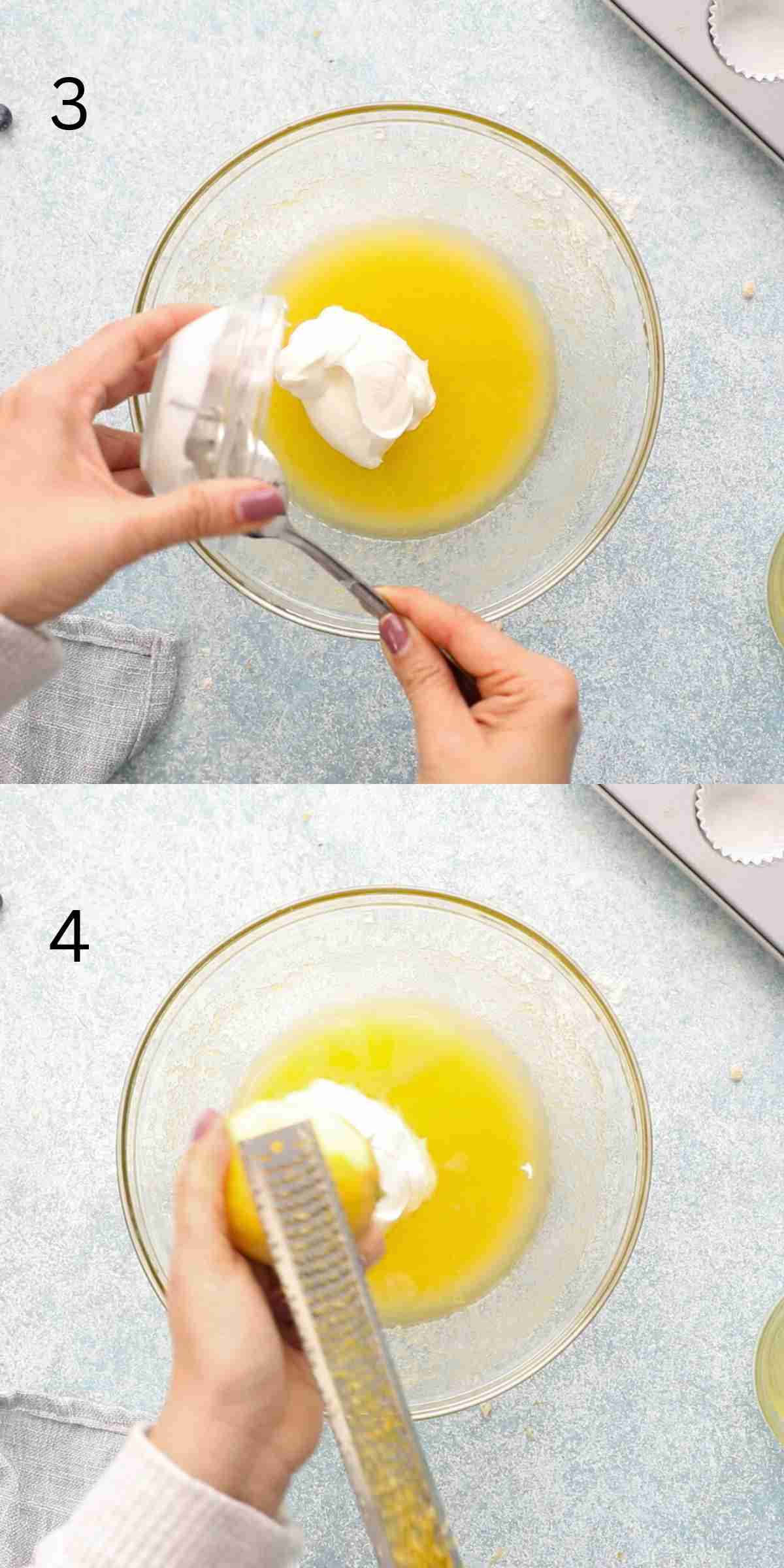 2 photo collage of adding sour cream and grating lemon zest into a glass bowl.