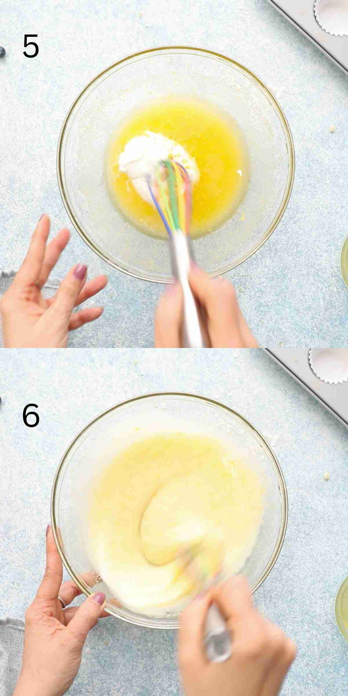 2 photo collage of whisking wet ingredients in a glass bowl.