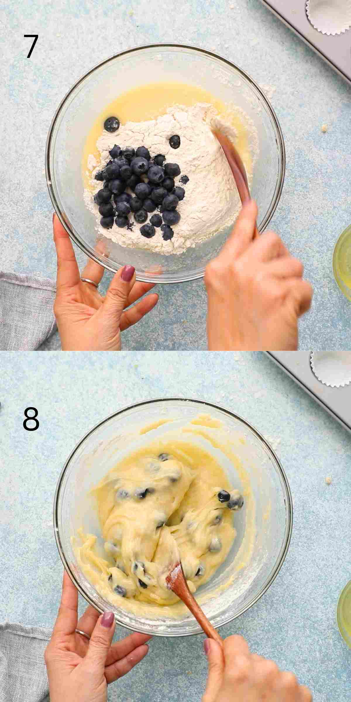 2 photo collage of mixing blueberries and flour with wet ingredients in a glass bowl.